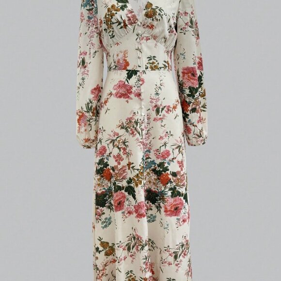 Multicolor Boho Women's Casual Elegant V-Neck Long Sleeve Floral Print Dress - Picture 4 of 8